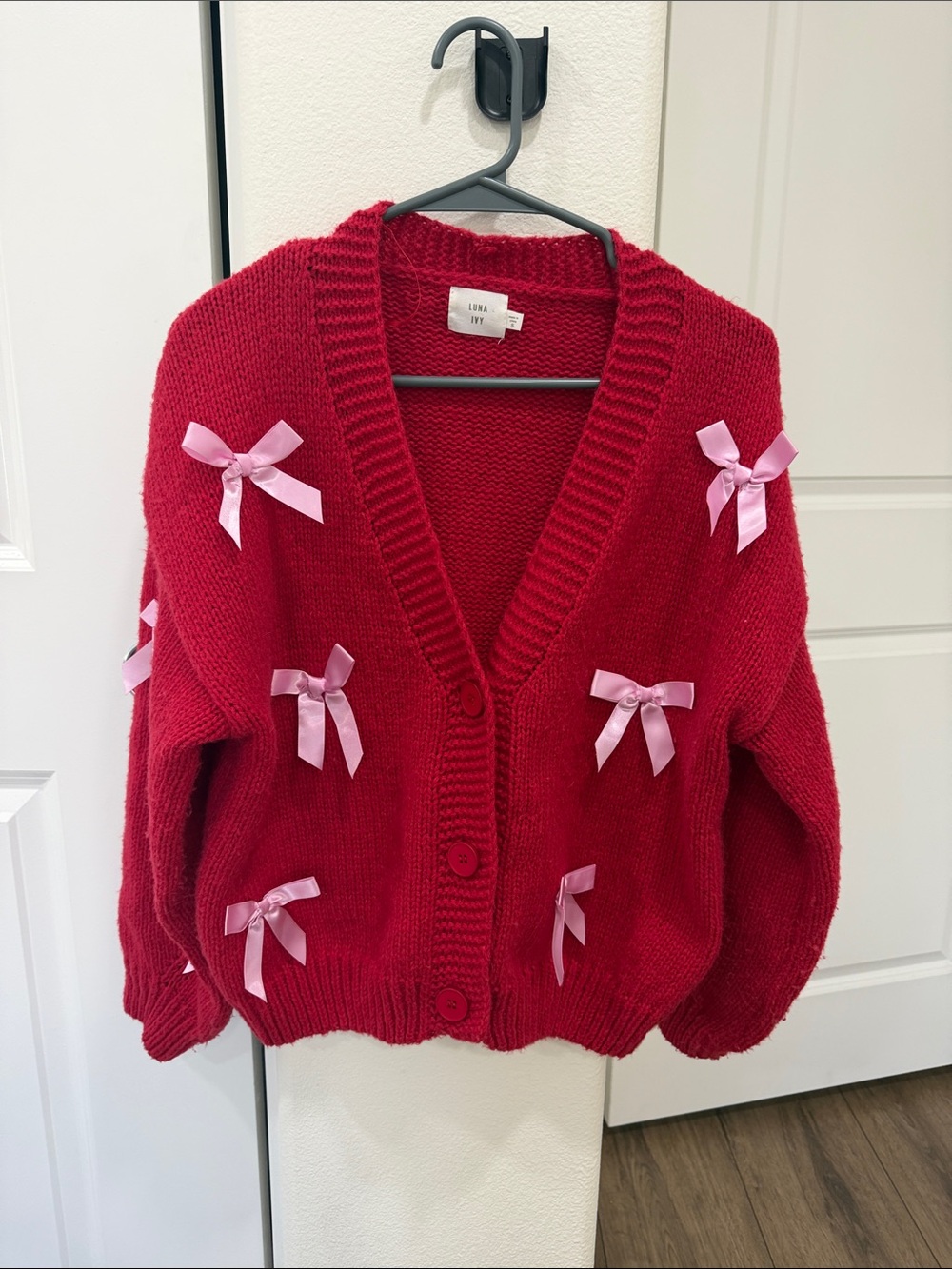 Luna Ivy Lush Red Bow-Appliqué Knit Cardigan Sweater